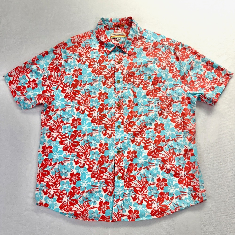 Ocean Pacific Shirt Mens XL Red Blue Floral Hawaiian Tropical Short‎ Sleeve Slub